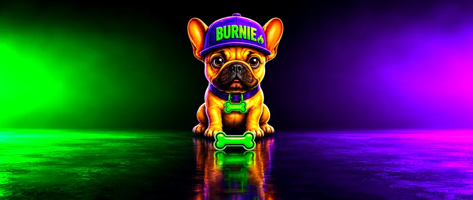 BURNIE the bulldog mascot on a neon green and purple stage